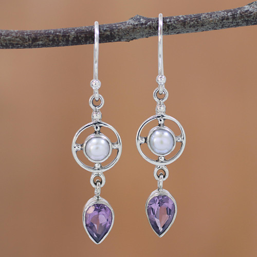 Amethyst and Cultured Pearl Dangle Earrings from India 'Wheels of Wonder'