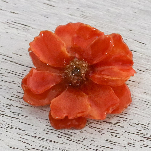 Natural Cosmos Flower Brooch in Pumpkin from Thailand 'Blooming Cosmos in Pumpkin'