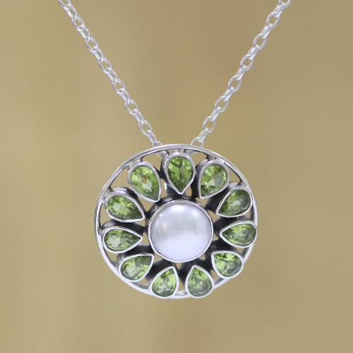 Peridot and Cultured Pearl Sterling Silver Pendant Necklace 'Peridot Petals'