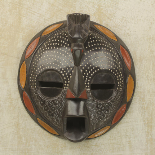 Circular African Wood and Aluminum Mask from Ghana 'Bird Wisdom'