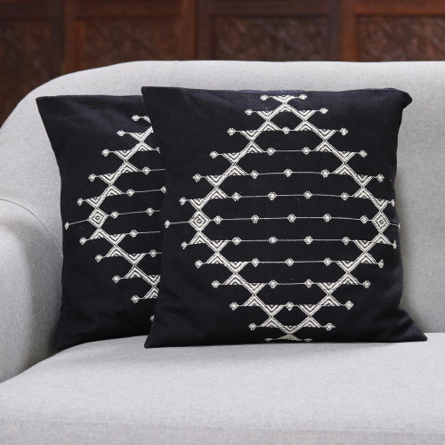 Cotton Patterned Black and White Cushion Covers Pair 'Starlit Galaxy'