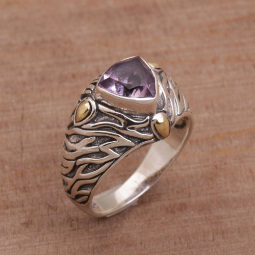 Sterling Silver and Amethyst Ring with 18K Gold Accents 'Deep Roots'