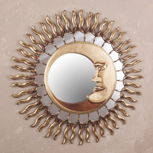 Sun and Moon Themed Bronze Leaf Wood Wall Mirror 'Cuzco Eclipse'