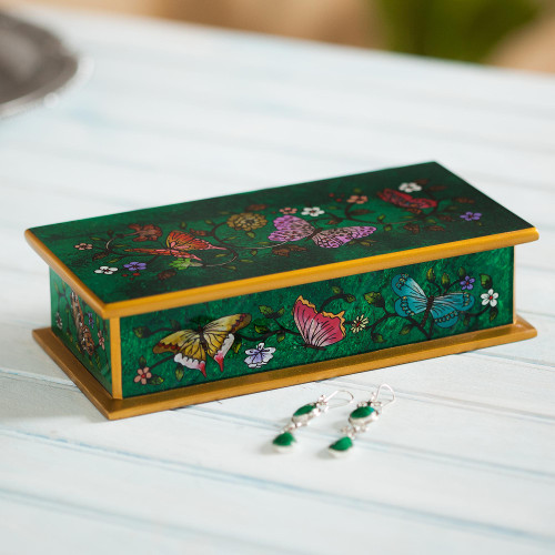 Reverse Painted Glass Butterfly Decorative Box in Emerald 'Butterfly Jubilee in Emerald'