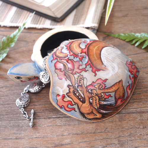 Wooden Turtle Jewelry Box with Hand-Painted Dragon Design 'Dragon-Hearted Turtle'