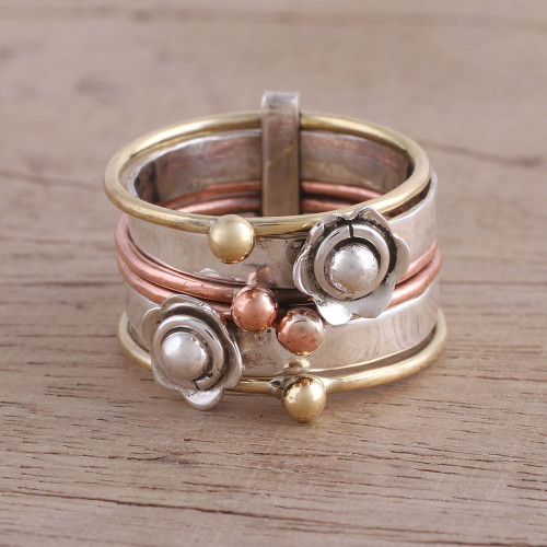 Fair Trade Sterling Silver Copper and Brass Meditation Ring 'Metallic Flowers'