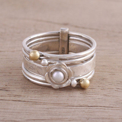 Cultured Pearl and Sterling Silver Meditation Spinner Ring 'Luminous Floral'