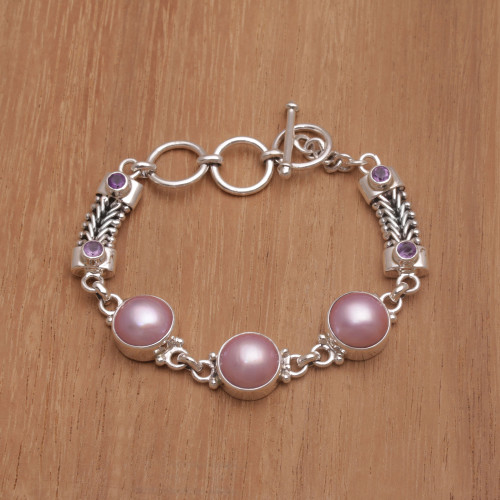 Cultured Mabe Pearl and Amethyst Link Bracelet from Bali 'Wangi Trio'