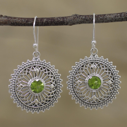 Peridot and Sterling Silver Dangle Earrings from India 'Green Suns'