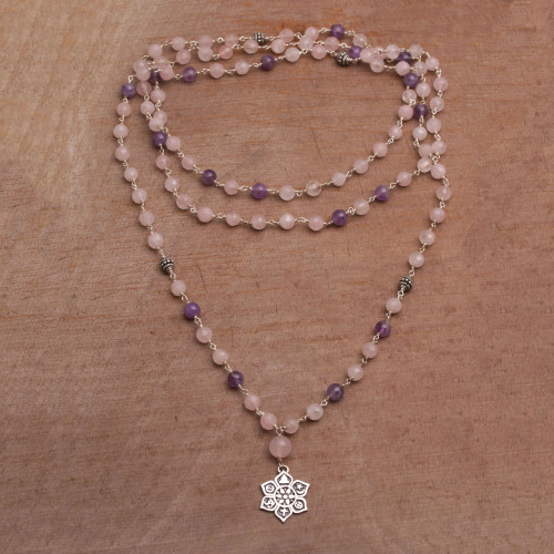 Floral Rose Quartz and Amethyst Pendant Necklace from Bali 'Unity in Meditation'