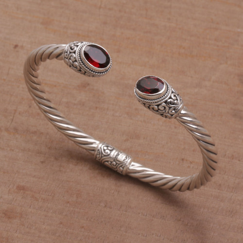 Sterling Silver and Faceted Garnet Hinged Cuff Bracelet 'Fiery Royalty'