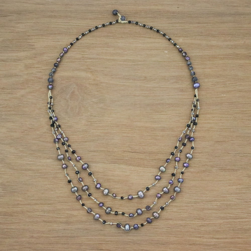 Cultured Pearl and Quartz Beaded Necklace from Thailand 'Festive Holiday in Black'