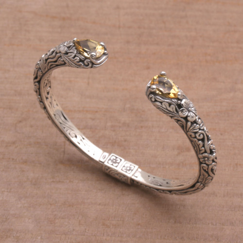Floral Citrine and Silver Cuff Bracelet from Bali 'Transcendent Forest'