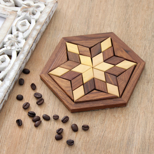 Handcrafted Star-Shaped Wood Puzzle from India 'Rhombus Star'