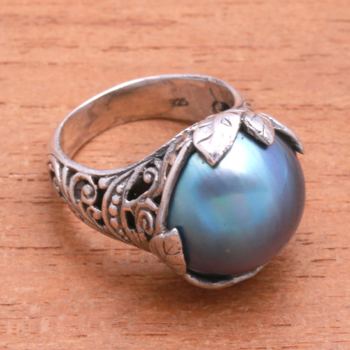 Purple Cultured Pearl Cocktail Ring from Bali 'Moonlight Bloom in Purple'