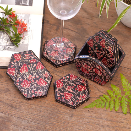 Handcrafted Wood Batik Coasters from Indonesia Set of 6 'Kembang Memory'