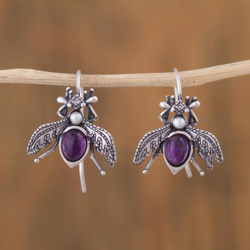 Amethyst and Cultured Pearl Sterling Silver Beetle Earrings 'Makech'