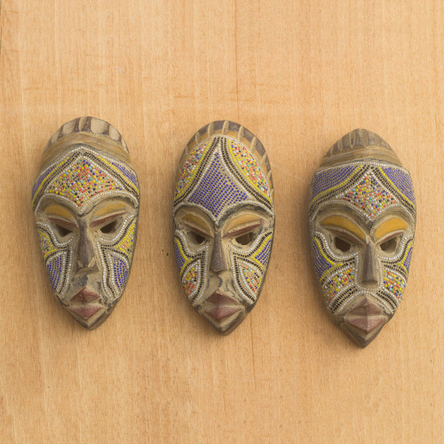 Artisan Crafted Small Wood Masks with Glass Beads Set of 3 'Wise Counsel'