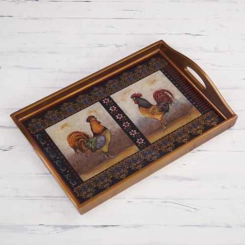 Rooster-Themed Reverse Painted Glass Tray 'Crowing Roosters'