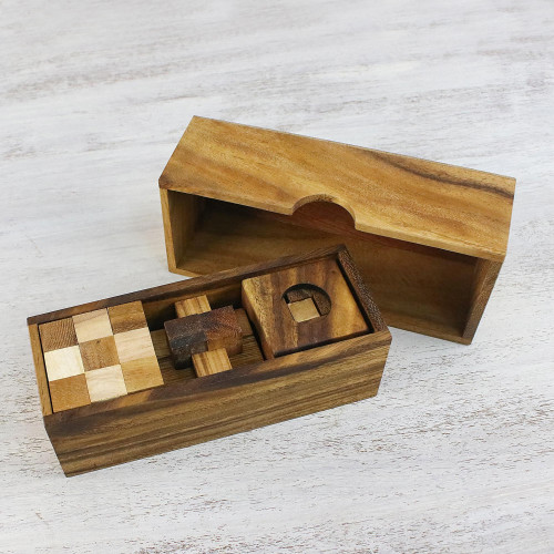 Set of Three Handcrafted Wood Puzzles from Thailand 'Three Puzzles'