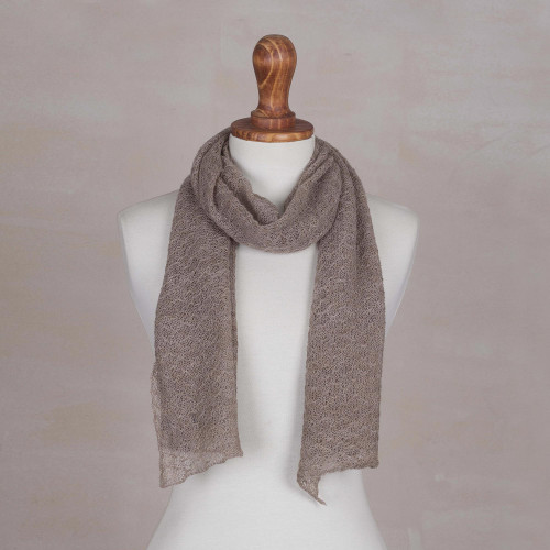 Textured 100 Baby Alpaca Wrap Scarf in Taupe from Peru 'Taupe Gossamer'