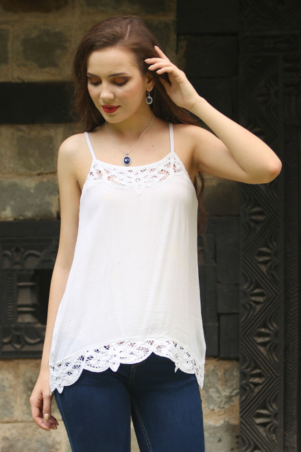 White Rayon Lace Trimmed Camisole Top with Adjustable Straps 'Floral Paradise'