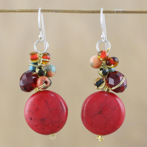 Red Calcite and Glass Bead Dangle Earrings from Thailand 'Red Circles'