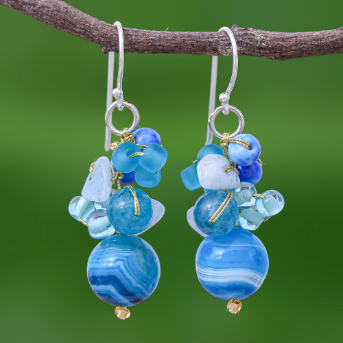 Blue Quartz and Glass Bead Dangle Earrings from Thailand 'Lovely Blend in Blue'