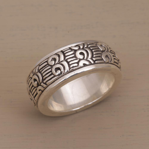 Unisex Sterling Silver Spinner Ring with Buddhist Motifs 'Samsi Spin'