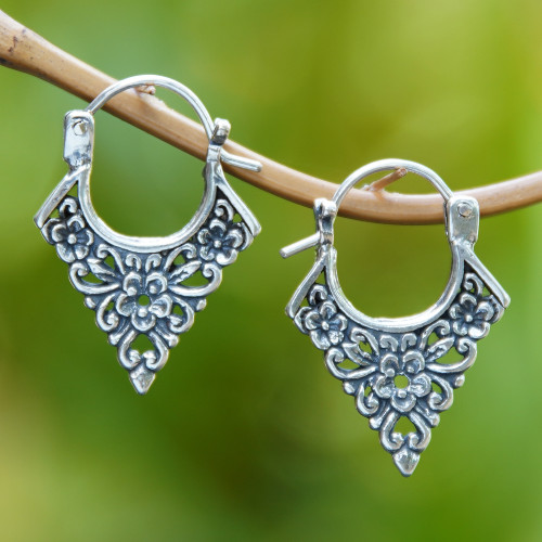 Floral Pointed Sterling Silver Hoop Earrings from Bali 'Floral Points'