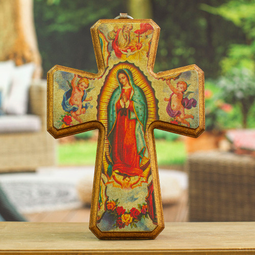 Artisan Crafted Christianity Wood Cross 'Guadalupe Queen of Heaven'