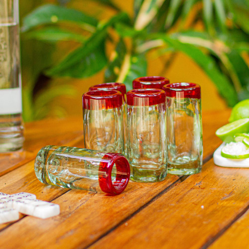 Hand Blown Tequila Glasses Set of 6 Red Rim Mexico 'Ruby Shot'