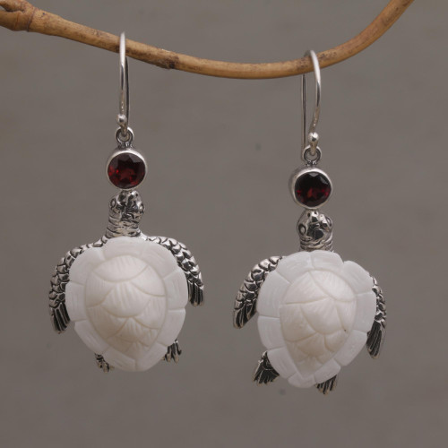 Handmade Garnet and Bone Turtle Dangle Earrings from Bali 'Kurma Turtles'