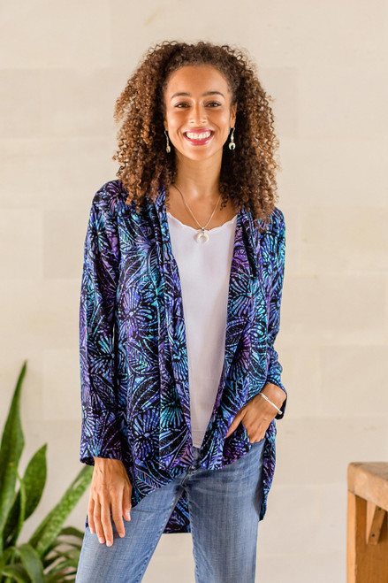 Black and Royal Blue Floral Batik Long Kimono Jacket 'Batik Garden' Black and Royal Blue Floral Batik Long Kimono Jacket 'Batik Garden'