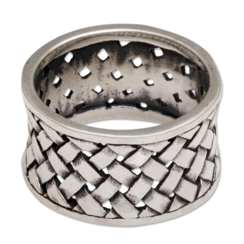 Wide Sterling Silver Band Ring with Woven Motif 'Bamboo Mat'