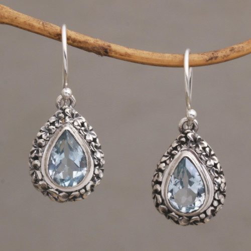 Frangipani Flower Dangle Earrings with Blue Topaz Gems 'Jepun Blue'