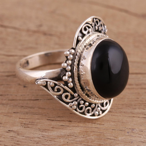 Handcrafted Black Onyx Cocktail Ring from India 'Magical Allure'