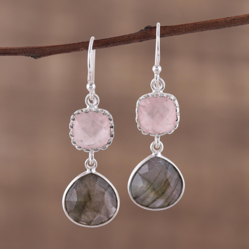 Labradorite and Rose Quartz Silver Dangle Earrings 'Rosy Dusk'