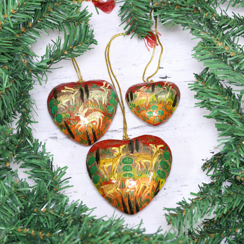 Heart Shaped Ornaments with Jungle Motifs Set of 3 'Jungle Christmas'