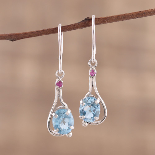 Indian Blue Topaz and Ruby Sterling Silver Dangle Earrings 'Enthralling Sky'