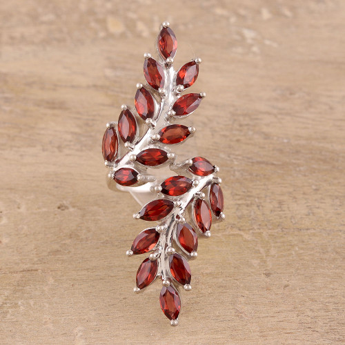Faceted Garnet Scarlet Leaves Sterling Silver Wrap Ring 'Scarlet Leaves' Faceted Garnet Scarlet Leaves Sterling Silver Wrap Ring 'Scarlet Leaves'