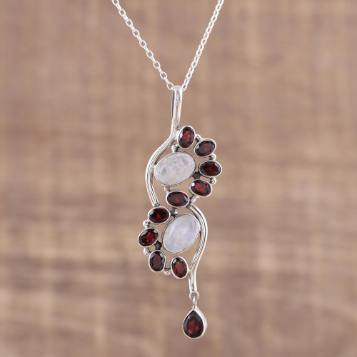 Garnet and Rainbow Moonstone Pendant Necklace from India 'Sparkling Spiral'