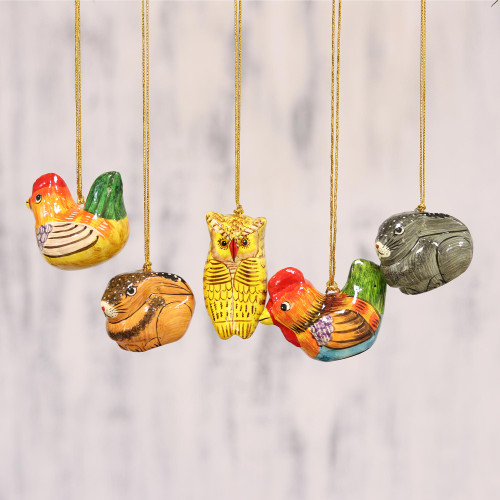 Five Animal-Themed Papier Mache Ornaments from India 'Animal Harmony'