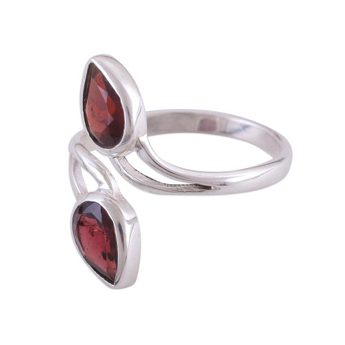 Rhodium Plated Garnet and Silver Wrap Ring from India 'Red Teardrops'
