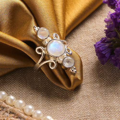 Indian Rainbow Moonstone and Sterling Silver Cocktail Ring 'Alliance of Three'