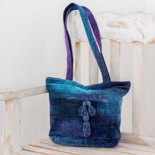 Rayon and Cotton Blend Shoulder Bag in Blue from Guatemala 'Pleasing Corduroy in Blue'