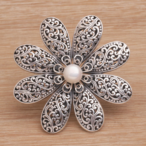 Handmade 925 Sterling Silver Cultured Pearl Floral Brooch 'Starlight Flower'