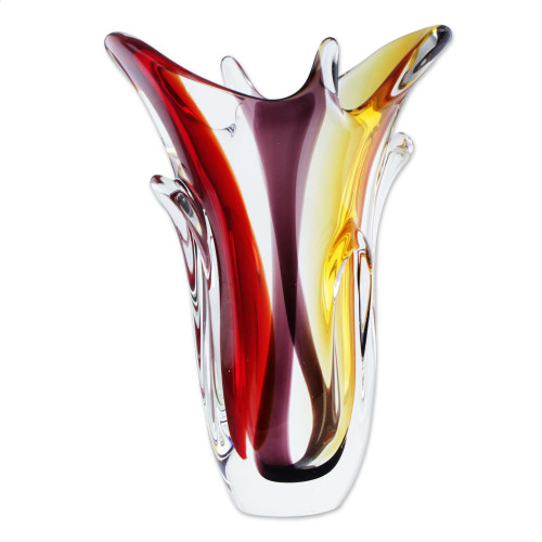 Red and Purple Blown Glass Vase with Yellow Accents 'Early Blossoms'