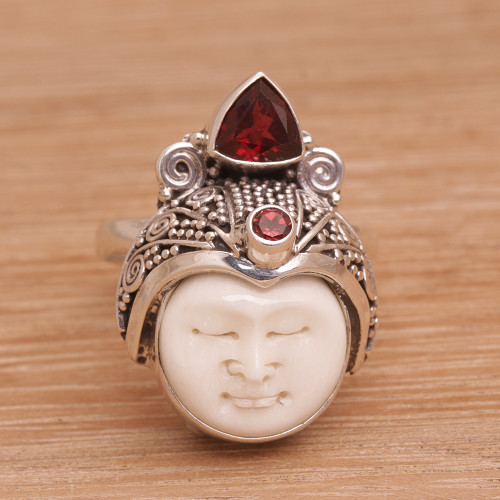 Carved Bone and Sterling Silver Ring with Garnet Accents 'White Knight'