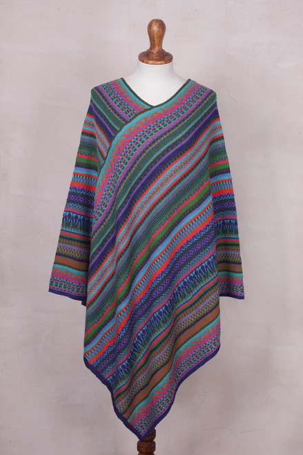 Fuchsia and Multi-Color Striped Acrylic Knit Poncho 'Stripes in Bloom'